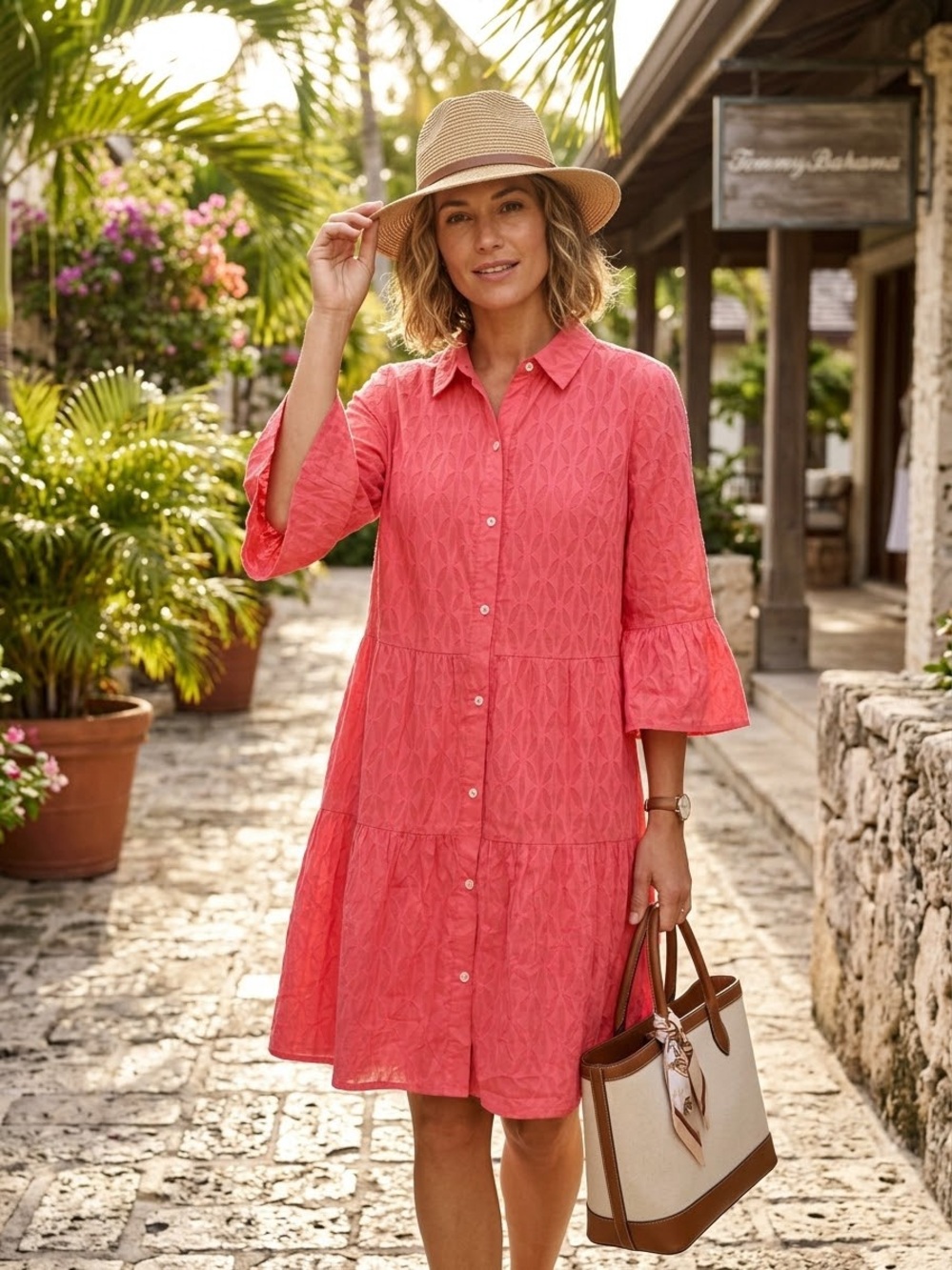 Tommy Bahama Coral Tiered Fil Coupe Bell Sleeve Shirtdress XL